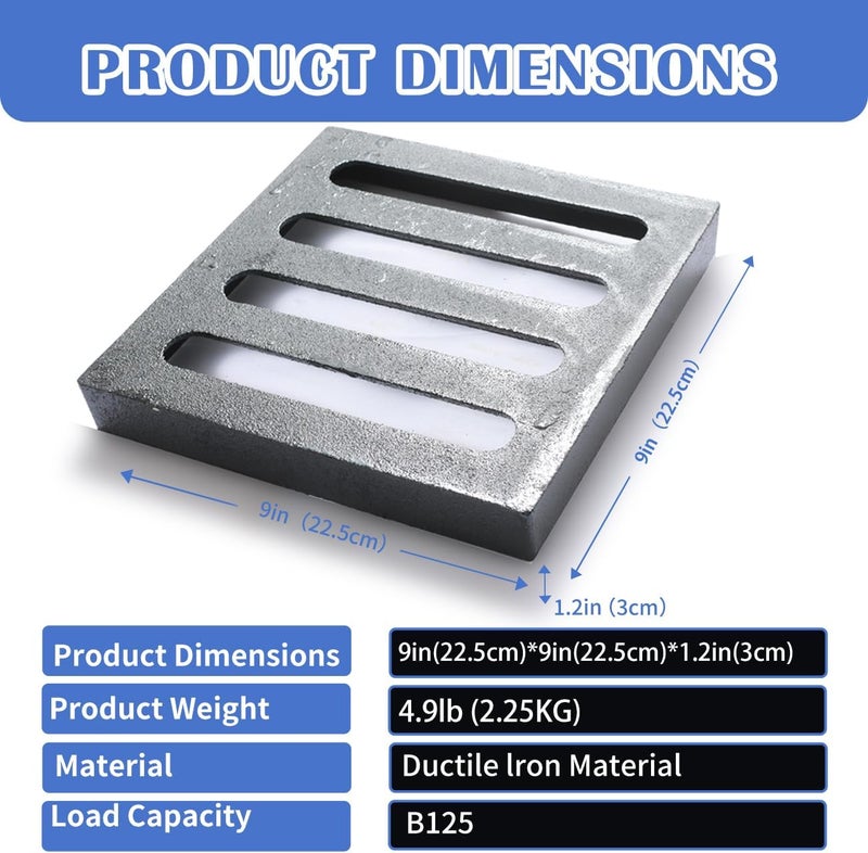Facoba Cast Iron Drain Grate, 9 * 9in Outdoor Drain Cover, B125 Class Ductile Iron Channel Drainage Grates, Heavy Duty Sewer Grate,Black Square Drain Grate for Yard,Driveway,Concrete Floor - Image 2